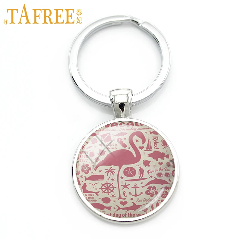 

TAFREE cute Flamingo keychain pink bird simple cartoon picture glass beautiful gift send for children 2017 fashion jewelry A581