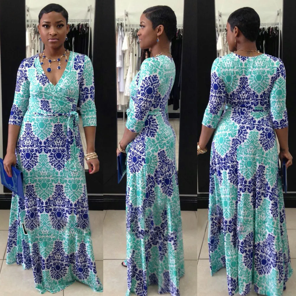 2016 Hot Sale Exotic designer v neck print dresses half sleeve maxi