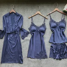 Сексуальный женский халат и платье, комплекты, кружевной Халат+ ночная сорочка, 4 штуки, пижама, Женский комплект для сна, искусственный шелк, женское белье