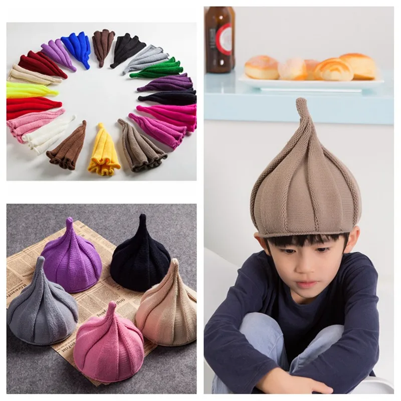 Вязаные Детские шапки с острым носком в виде репчатого лука, зимняя шапка для мальчиков и девочек, теплые шапочки, милая скручивающаяся шапка, Gorros Invierno, подарок для детей