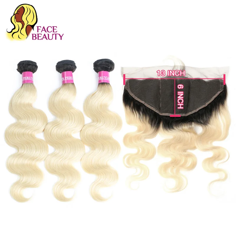 

Facebeauty 1B/613 Honey Blonde Color 2/3/4 Bundles with13x6 Ear to Ear Lace Frontal Malaysian Body Wave Closure Free Middle Part