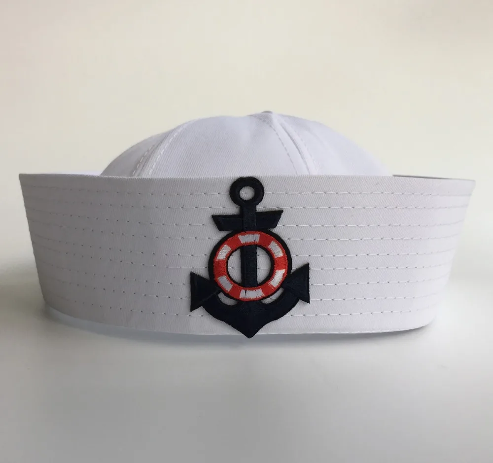 White Navy Sailor Hat Captains Yacht Cap Costume with Anchor Fancy