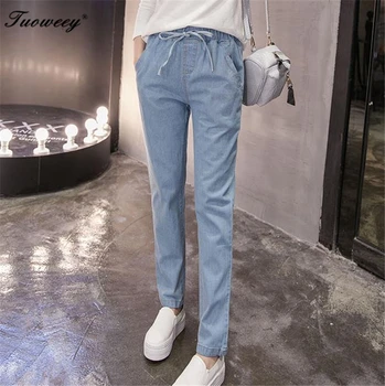 

New Plus size comfortable Washed blue fit sexy leg denim pants women's jeans elastic waist cowboy full long trousers pants