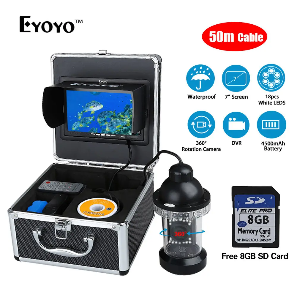 

EYOYO 8GB 7" LCD Underwater Fishing Camera 50M/165FT 360 degree Rotation Fishfinder 18pcs White LED Lights DVR Video Recorder
