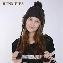 Runmeifa 2018 Для женщин Kintted хлопок Шапки с помпоном Skullies шапочки зима теплая шапка для женщин вводной Шапка-бини Для женщин Шапки