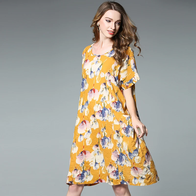 2017 New summer plus size women cotton linen dress loose fit floral