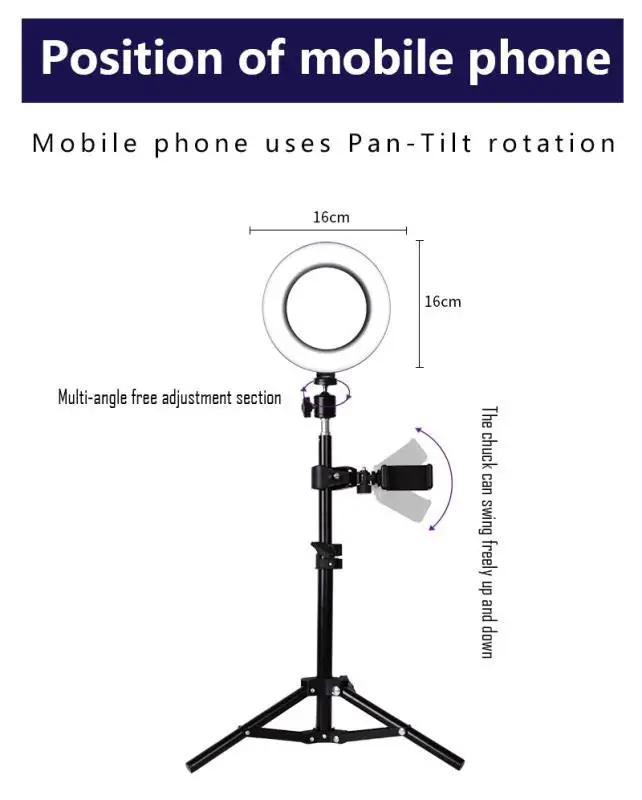 Светодиодный кольцевой светильник 6 дюймов 16 см 5600K с регулируемой яркостью, кольцевой светильник для селфи, фотографический светильник ing со штативом, держателем для телефона, usb-разъемом, для фотостудии