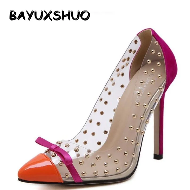 BAYUXSHUO Rivets High Heels New Transparencies High Heels Brand Shoes Pointed Toe Women Pumps Sapato Feminino Shoes Plus Size