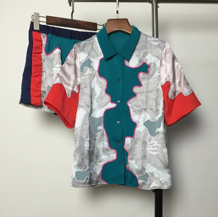 2017 moda feminina verão novo hit cor da costura camisa + short terno 618