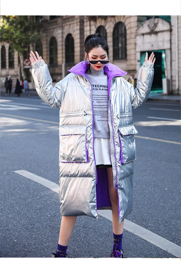 Серебряное блестящее женское пуховое пальто зимняя куртка модный длинный пуховик Женская Толстая теплая парка больших размеров пальто уличная