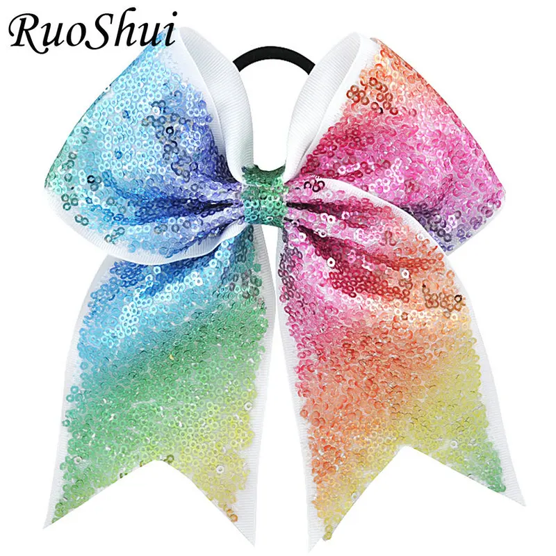 7 Inch Sequin Cheerleading Hair Bow Glitter Grosgrain Ribbon Bows Elastic Band Ponytail Hair Holder For Girls/Women Accessories