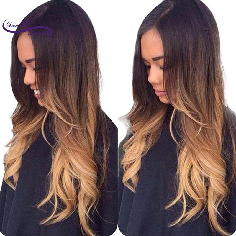 

Dream Beauty Lace front Human Hair Wig Remy peruvian wavy Hair 130% Density Ombre Color 3T 1b/4/27 Human Hair Wig Baby Hair