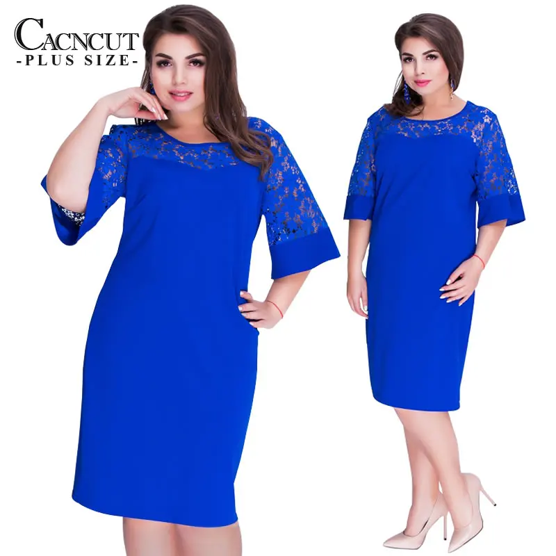 

CACNCUT 5XL 6XL 2018 Summer New Lace Elegant Big Size Women's Dresses Solid Red Short Sleeve Office Ladies Dress Large Size Blue