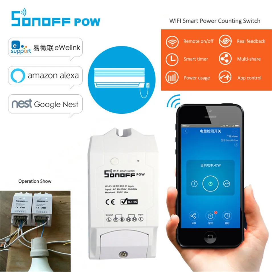 

ITEAD Sonoff Pow WiFi Wireless Switch On/Off 16A with Power Consumption Measurement IOS Android Remote control for Alexa/Nest