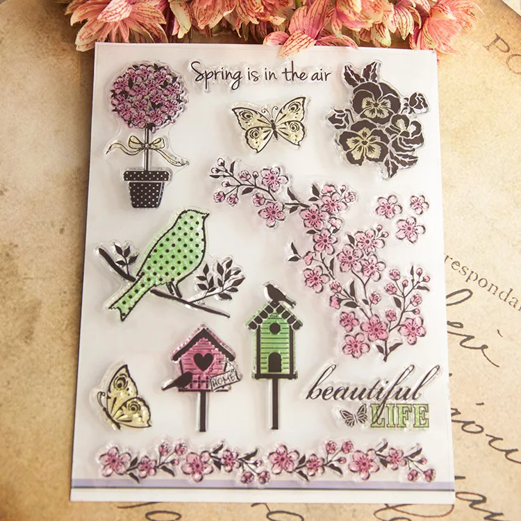 Spring Flowers Bird Butterfly Scrapbook DIY photo cards account rubber
