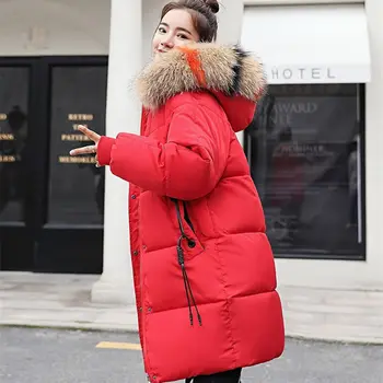 

Winter New Hooded Big Fur Collar Wild Thick Loose Long Cotton Coat Jacket Female Solid Color Plus Size Warm Long Parkas MZ3226