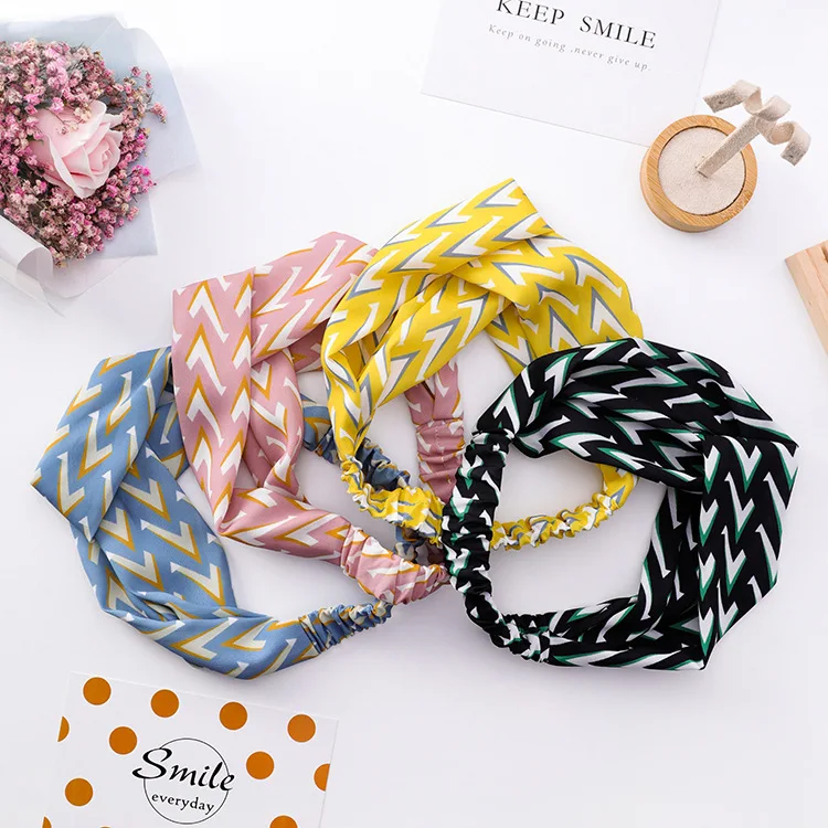 

2018 Summer New Fresh Geometry Fashion Turban Headbands Women Chiffon Headband Head Cross Knotting Hairband