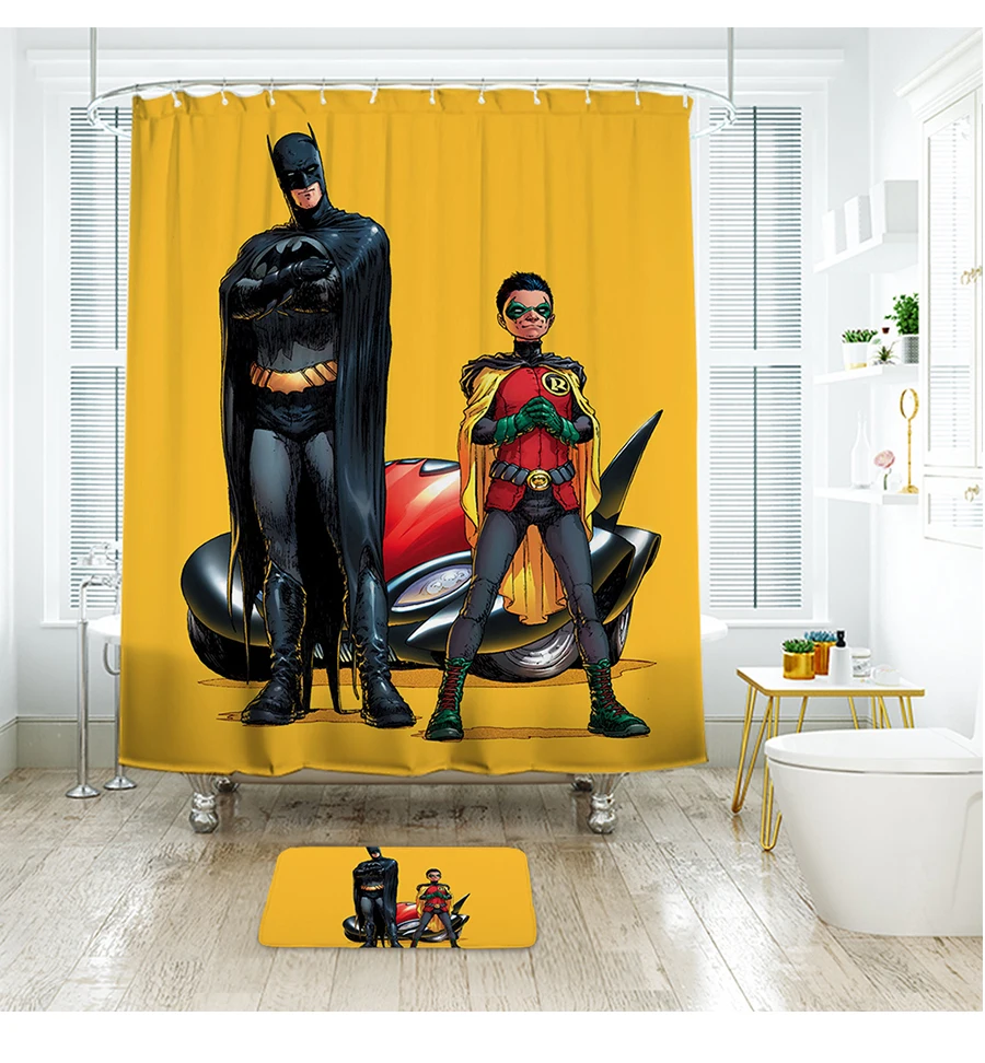 IBANO занавеска для душа, водонепроницаемый полиэстер, ткань Marvel, Бэтмен, занавеска для ванной комнаты, 12 шт., пластиковые крючки, напольный коврик