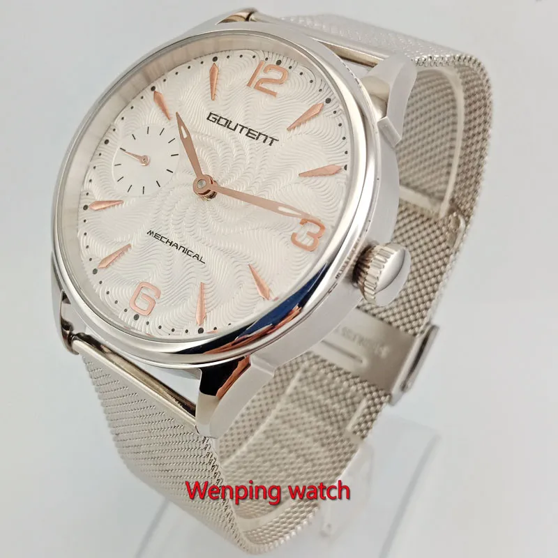 

42mm Goutent Wrist watches white dial thread mechanical watch unisex Net woven steel strip W2711