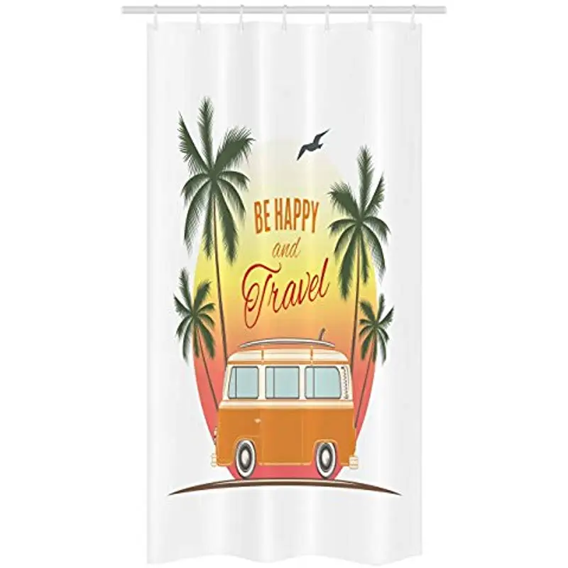 

Vixm Surf Stall Shower Curtain Retro Surf Van with Palms Camping Relax Hippie Travel Be Happy Free 60s Fabric Bath Curtains