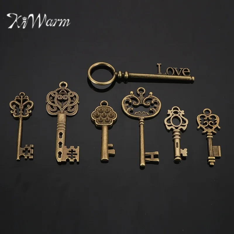 

KiWarm 7pcs Antique Vtg old look Ornate Skeleton Keys Lot Pendant Fancy Heart Hanging Decor for DIY Jewelry Necklace Crafts Gift