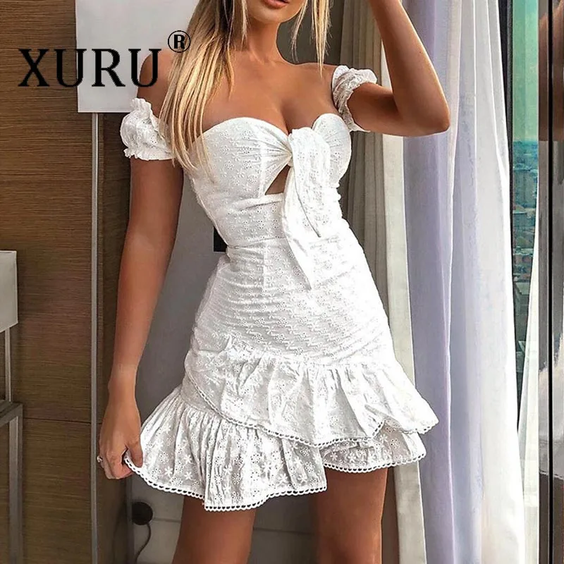

XURU summer new women's embroidered dress sexy word collar short sleeve irregular white dress