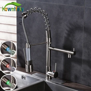 

Solid Brass LED Light Swivel Spout Kitchen Sink Faucet 2 Ways Water Outlet Mixer Tap Nickel Brushed