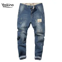 VROKINO 2019 лето новый стиль Большие размеры 28-48 мужские Стрейчевые свободные джинсы Модные индивидуальные мужские брюки одежда бренд