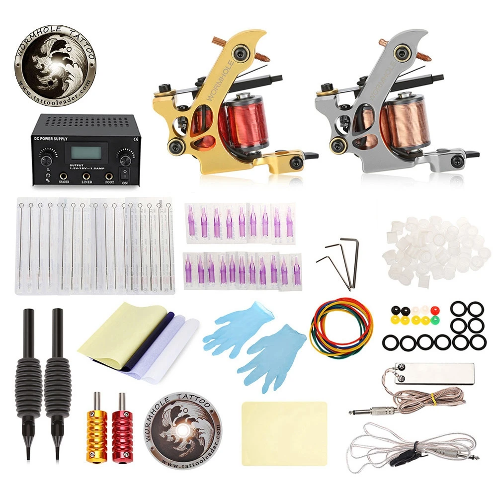 

foreverlily 7200/6000 Round Tattoo Complete Kit 2 Machine Shader Liner with Power Supply Grips Neeles Carbon Steel Shader/Liner