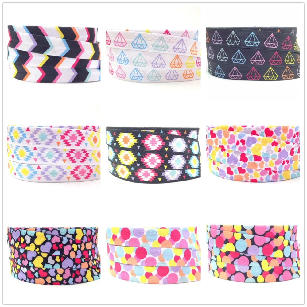 

5Yards 16mm Hearts Geometric printed Polka Dots fold over elastic Aztec FOE Handmade Accessories DIY Hair tie Party Decor ribbon