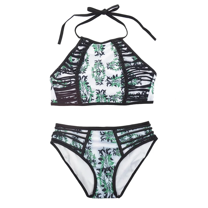 

High Neck Bikini Set Green Leaves Printing Women Swimsuit Low Waist Swimwear Female Halter Top Brazilian Biquini Mujer Beachwear