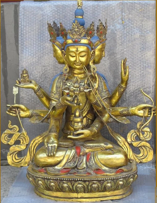 

32"Tibet buddhist Bronze gild 3 head 8 hand Amitayus Amitabha Buddha Bodhisattva Statue Statue