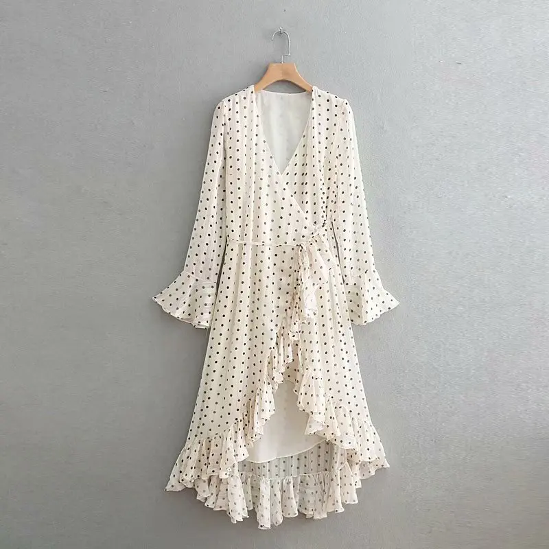 

2019 women v neck flare sleeve polka dot print laminated ruffles asymmetrical dress lady high street golden line vestidos DS1772
