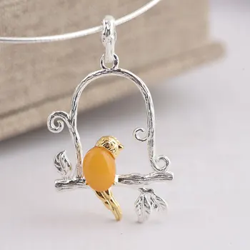 

FNJ 925 Silver Bird Pendant for Jewelry Making Yellow Amber Green Jasper 100% Pure S925 Sterling Silver Pendants Women
