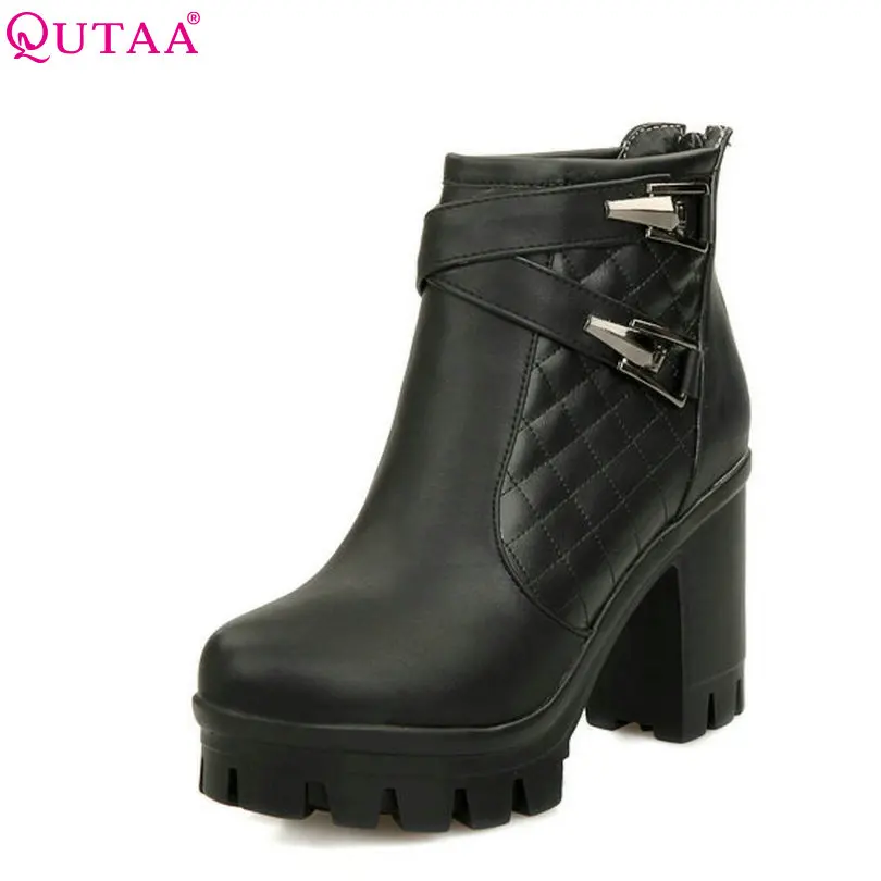 

QUTAA Fashion White Square High Heel Woman Ankle Boots Women Shoes Zipper PU Leather Ladies Motorcycle Boot Size 34-43