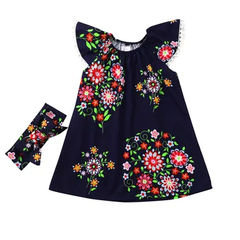 

Summer Toddler Baby Girls New Fashion Sleeveless Flower Floral Print Lace Dress+Headband Wholesale Free Ship Z4