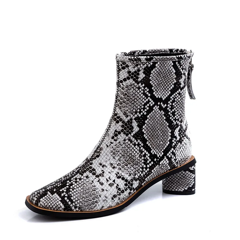 ISNOM/ботильоны из натуральной кожи; женские ботинки с квадратным носком; женская модная обувь; женская обувь на толстом каблуке на молнии; женская зимняя обувь; коллекция года - Цвет: snake