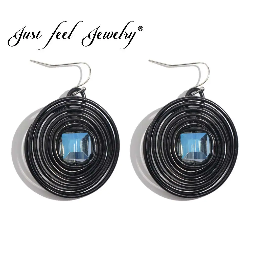 JUST FEEL Crystal Round Dangle Earrings For Women Attraction Spiral Aluminum Fashion Drop Earring Wedding Party Female Jewelry | Украшения