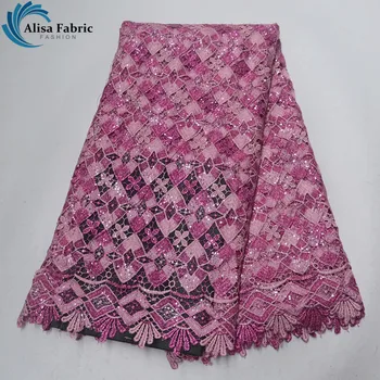 

Lovely Pink African Cord Lace Fabric 2019 Hot Selling Nigerian Water Soluble French Sequins With Embroidery Lace For Party Dress