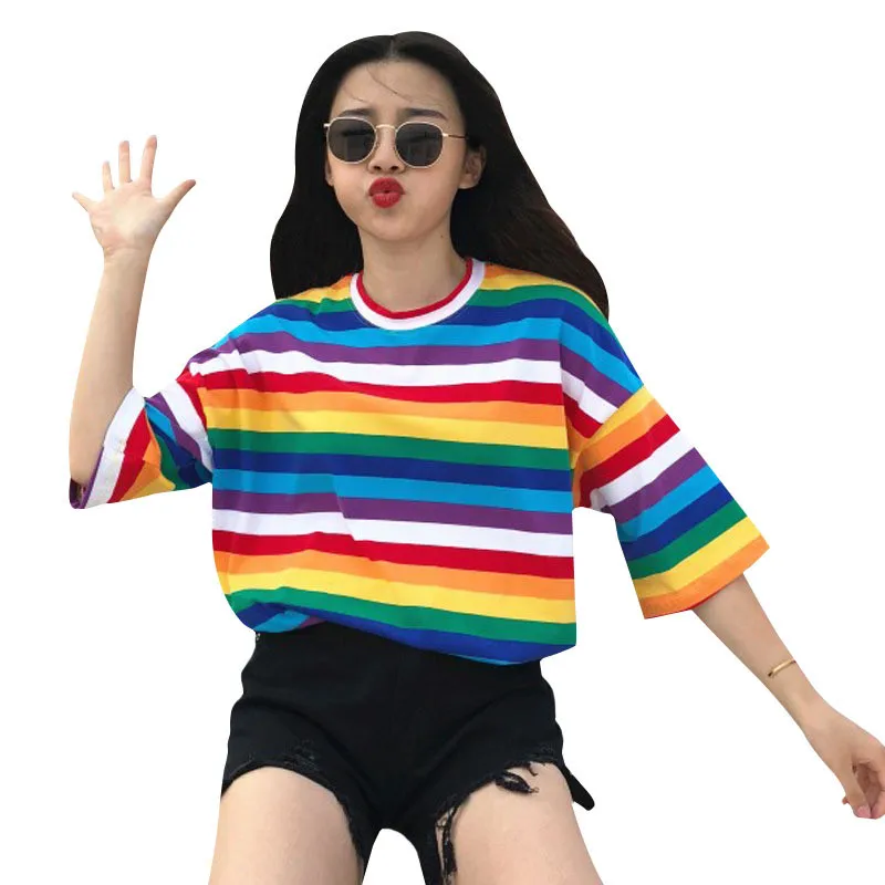 

Rainbow Striped T Shirt Women 2019 T Shirt Homme Female Plus Size Women Half Sleeve Femme Bohemian Plus Size Dress Girls Gifts