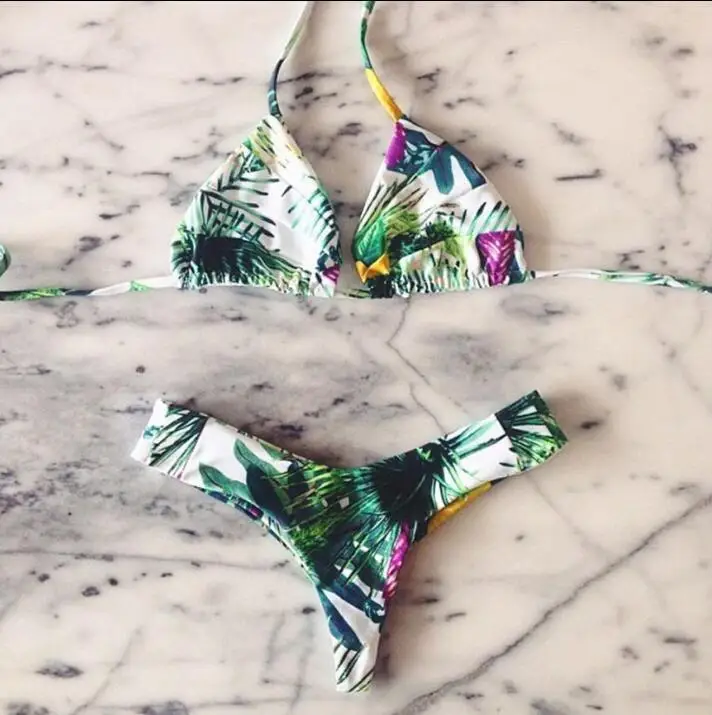 

European and American exploding sexy shell, green leaf printed BIKINI TRIANGLE split swimsuit
