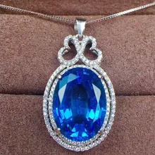 Ожерелье из голубого топаза кулон натуральный настоящий голубой топаз 925 Серебро кулон 14ct большой цветной камень#15050412