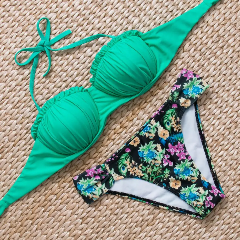

X-HERR Bikinis Women 2016 Push Up Floral Swimwear Green Halter Shell Bikini Swimsuit Pleated Biquini Bathing Suits for Female