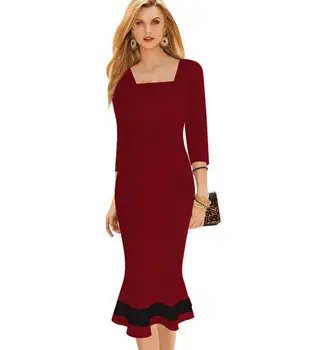

Women Elegant Flounced Hem Long Sleeve Square Neck Wear To Work Office Party Sheath Knee-length Mermaid Fitted Bodycon Dress
