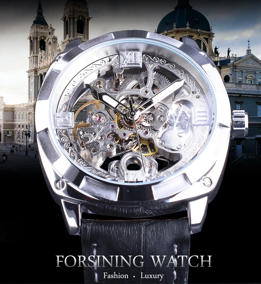 Forsining, спортивные часы, черные, серебряные, открытые, мужские, светящиеся, водонепроницаемые, мужские, автоматические, наручные часы, лучший бренд, роскошные
