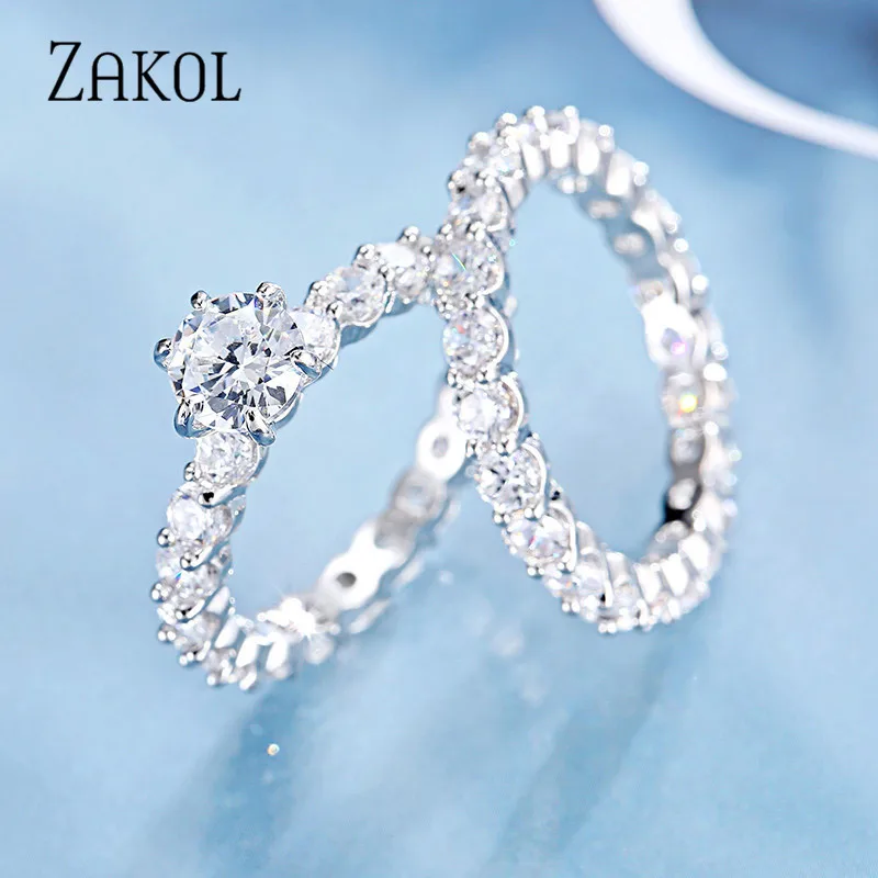 ZAKOL модное круглое кольцо с фианитом комплект из 2 предметов свадебные украшения