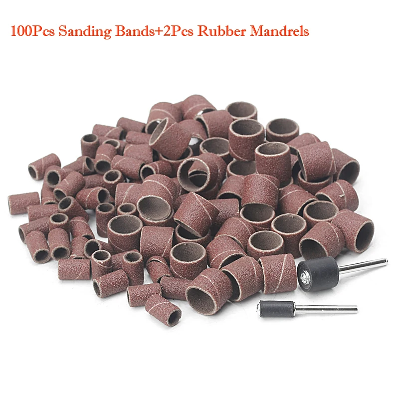 

100Pcs 1/2" and 1/4" Sanding Band Sleeves Drum Kit Sandpaper Rubber 2 Mandrels