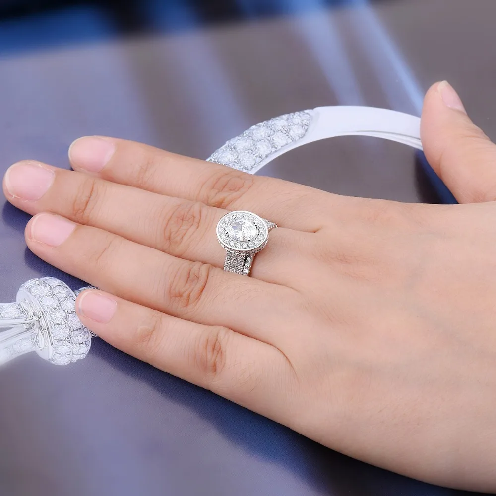 Реальные 925 пробы серебро 2.82ct псевдо бриллиант, CZ свадебные Обручение кольцо наборы для ухода за кожей для Для женщин свадебные ювелирные украшения «2 в 1»