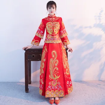 

Luxury Full Length Qipao Stand Collar Cheongsam Oriental Ancient Vintage Asian Marriage Dress Embroidery Dragon Vestidos Gown