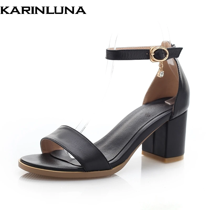 

Karinluna Cow Leather Buckle Strap Summer Sandals Women Shoes Woman Chunky Heels Large Size 33-43 Black White Woman Shoes